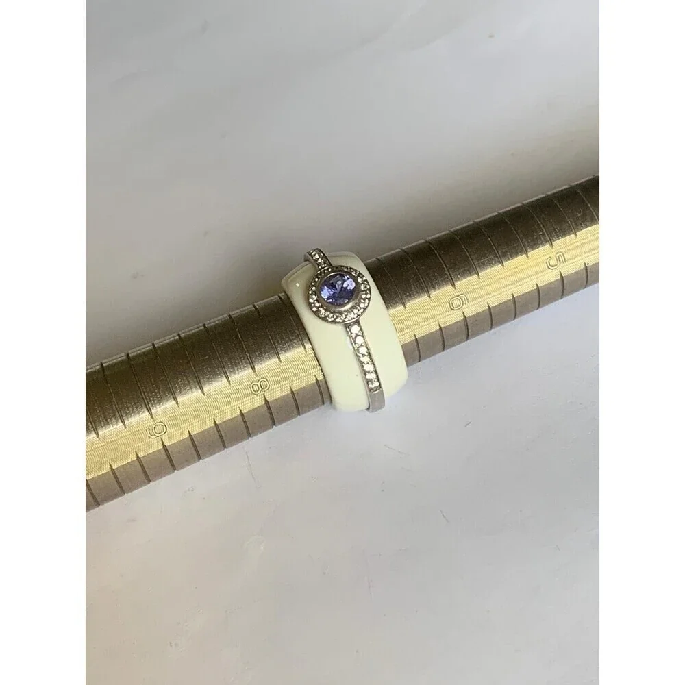 Amethyst and White Topaz Ring Size 7 Ceramic .925 Sterling Silver